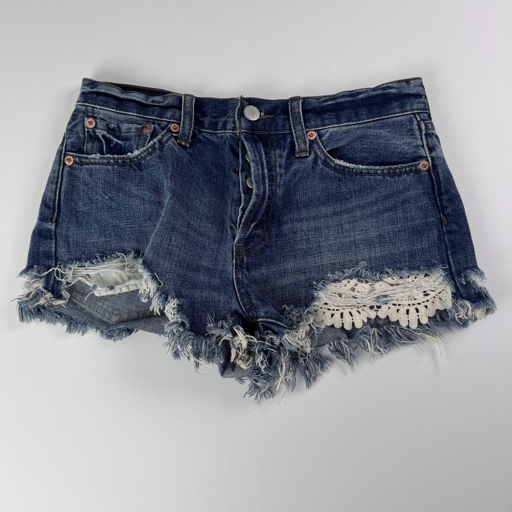 We The Free Shorts Womens 26 (28x2) Blue Denim Distressed Lace Cutoff Raw Hem